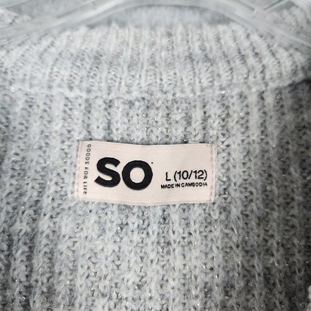 SO Sweater Girls L 10/12 Gray Shimmer Ribbed Knit Long Sleeve Crew Neck Pullover - Picture 2 of 8